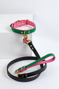 Bestseller// Genuine Leather Dog Collar: Pip Collar  Equestrian Green & Hot Pink Dog Collar